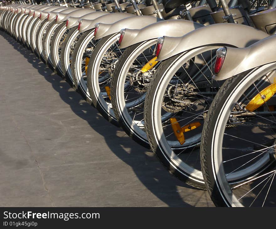 Bicycles for rent in a perfect row, Paris. Bicycles for rent in a perfect row, Paris.