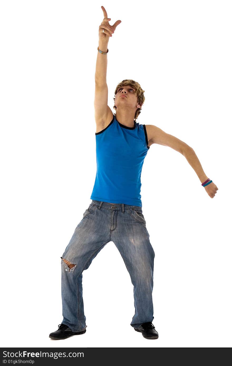 Stylish dancer shows something on top of him head over white