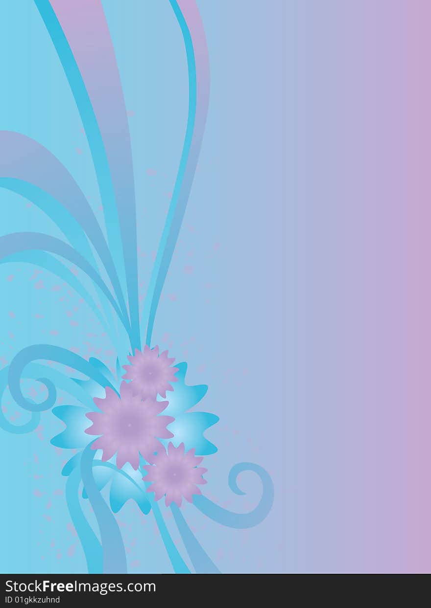 Flowers and ribbons on blue on a abstract background