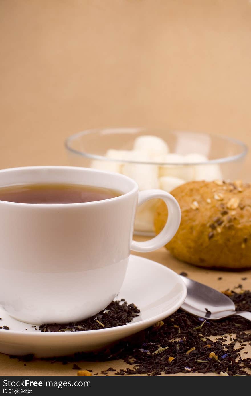 Cup of tea, mozzarella and bread closeup