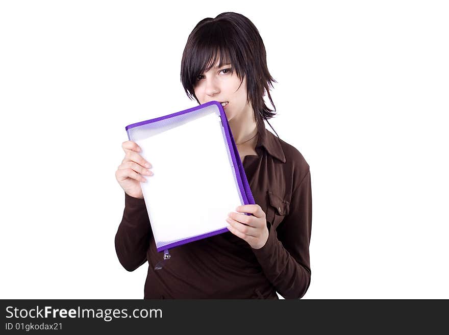 The young beautiful businesswoman at office behind work on a white background. The young beautiful businesswoman at office behind work on a white background