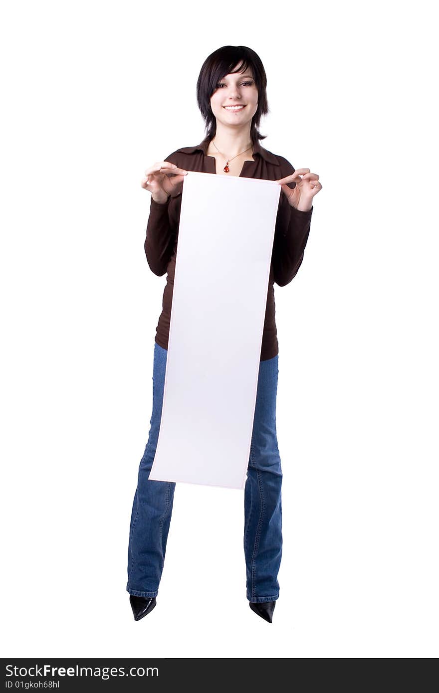 The young beautiful businesswoman at office behind work on a white background. The young beautiful businesswoman at office behind work on a white background