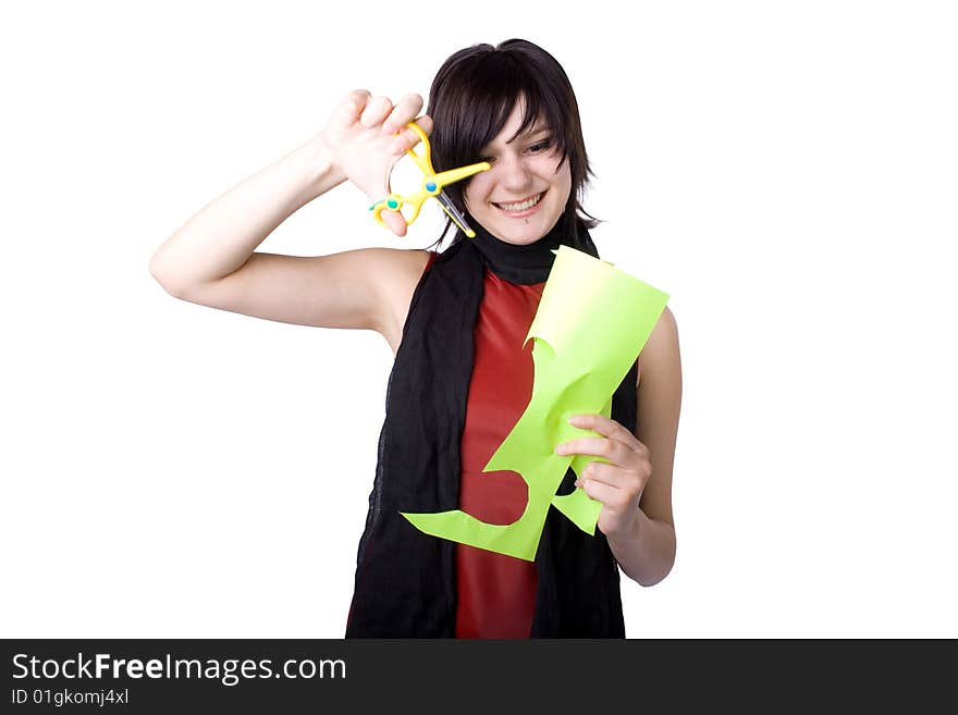 The young beautiful businesswoman at office behind work on a white background. The young beautiful businesswoman at office behind work on a white background