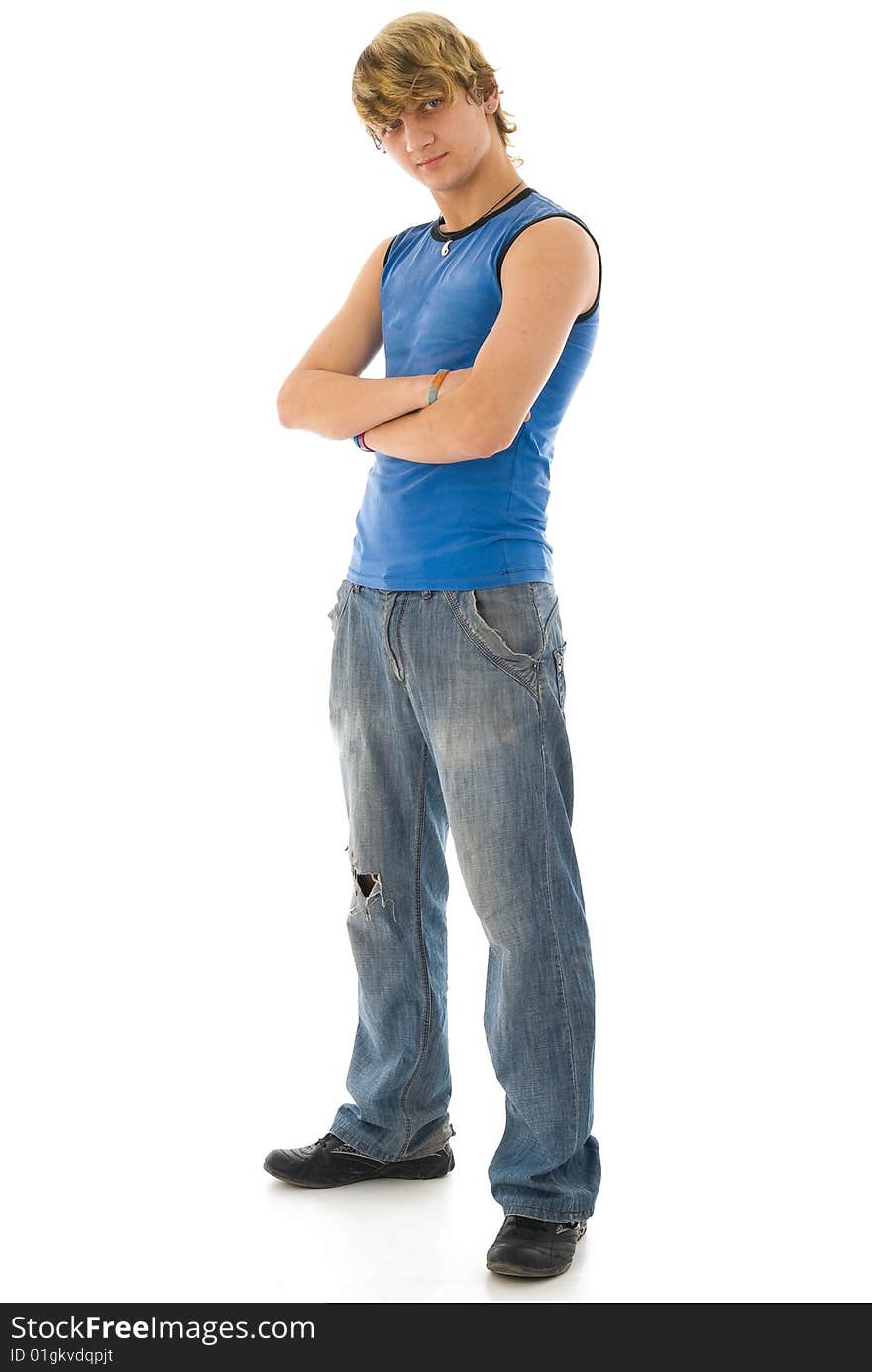 Techtonik danser in blue shirt and jeans, isolated on white. Techtonik danser in blue shirt and jeans, isolated on white