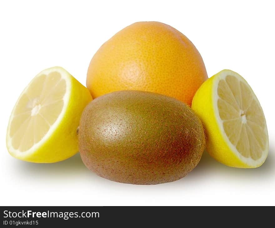 Grapefruit, kiwi and two half of lemon over white background. Grapefruit, kiwi and two half of lemon over white background