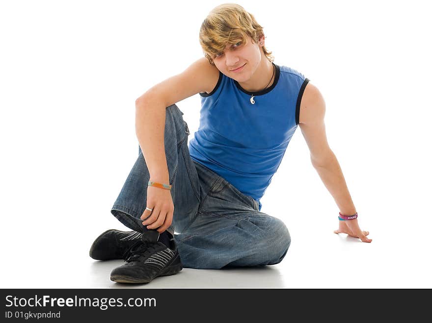 Tecktonik dancer in blue jeans, isolated on white