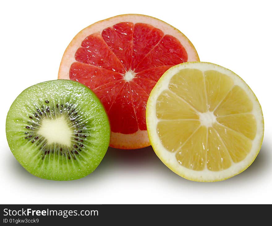 Slices of grapefruit, kiwi lemon over white background. Slices of grapefruit, kiwi lemon over white background