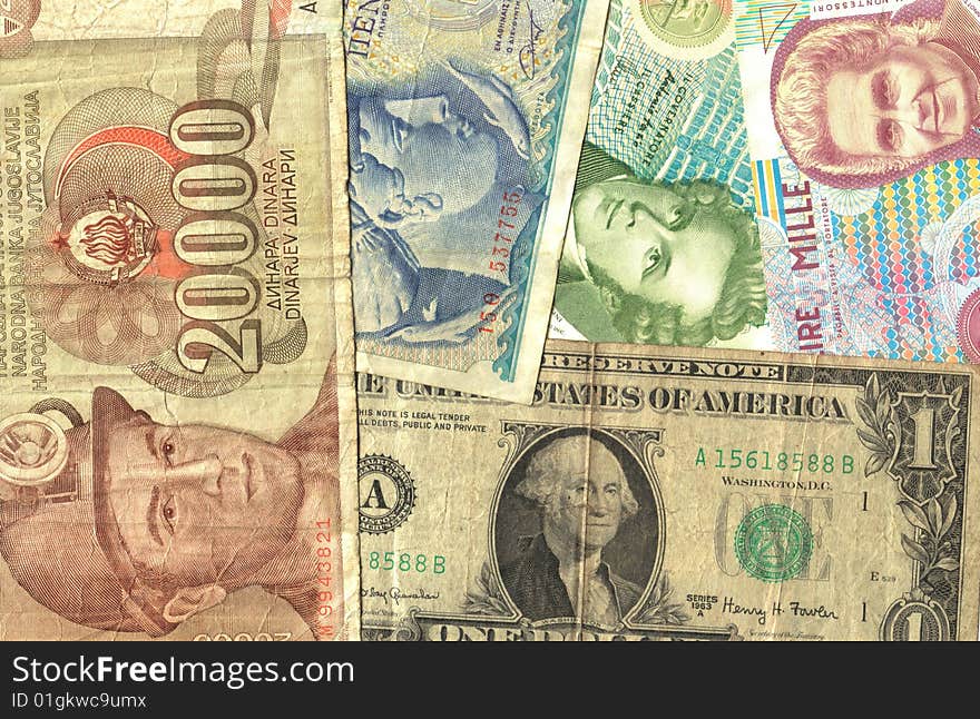 Banknotes background: dollar, lire, dinar. Banknotes background: dollar, lire, dinar