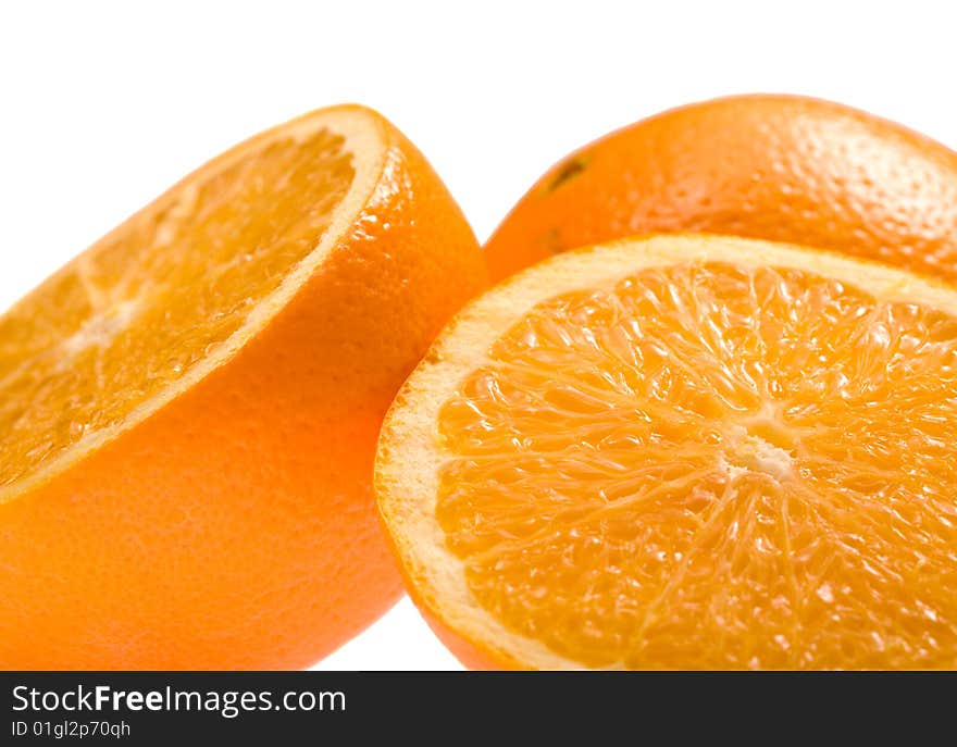 View of an oranges cut in half isolated on white