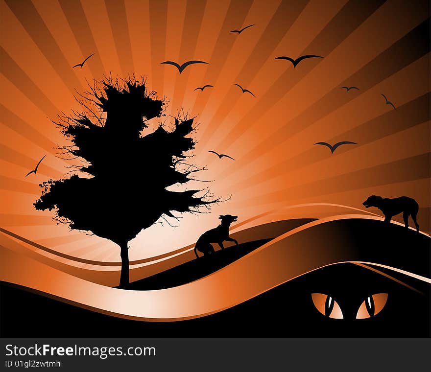 Old tree silhouette, season background, vector illustration