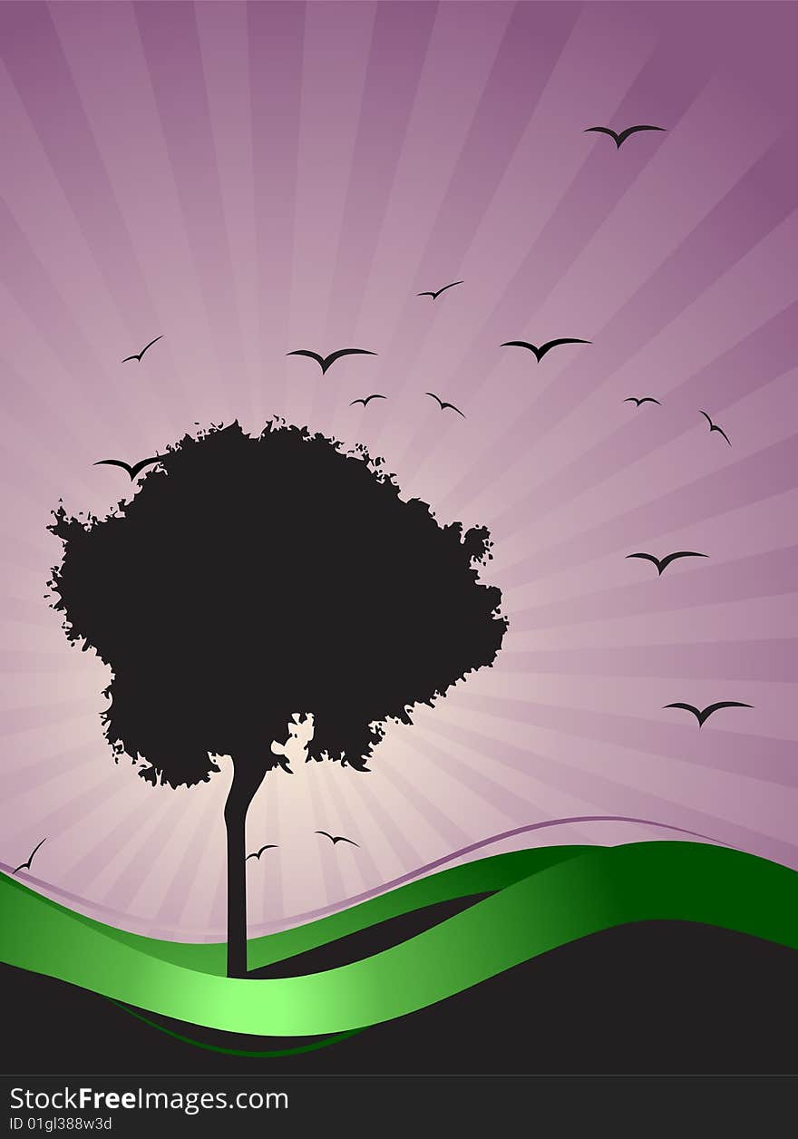 Old tree silhouette, season background, vector illustration