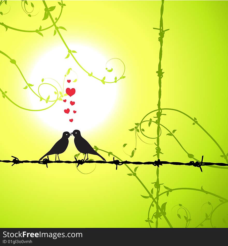 Love, birds kissing on branch, vector illustration