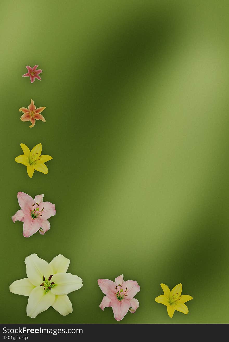 Green background with white and yellow lilies. Green background with white and yellow lilies