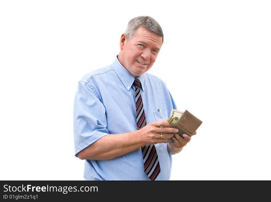 Mature businessman reluctantly paying a bill, isolated on white background.