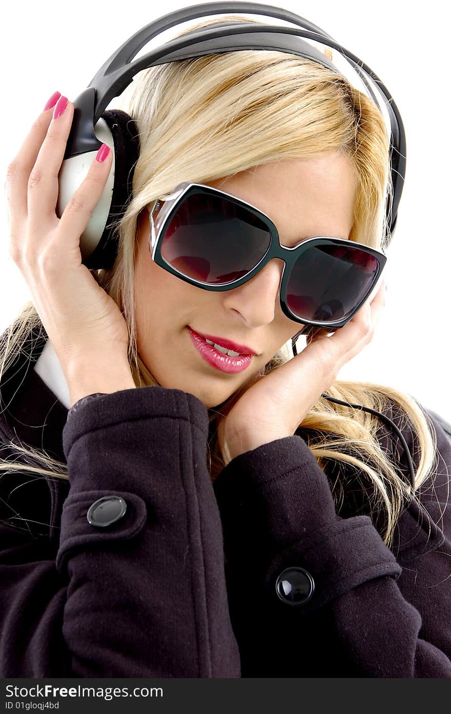 Close view of woman enjoying music with white background