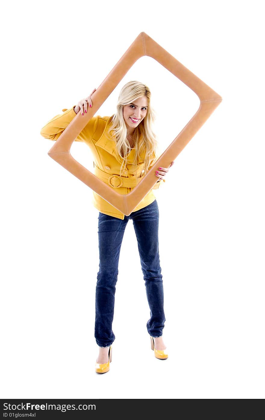 Front View Of Smiling Model Posing With Frame