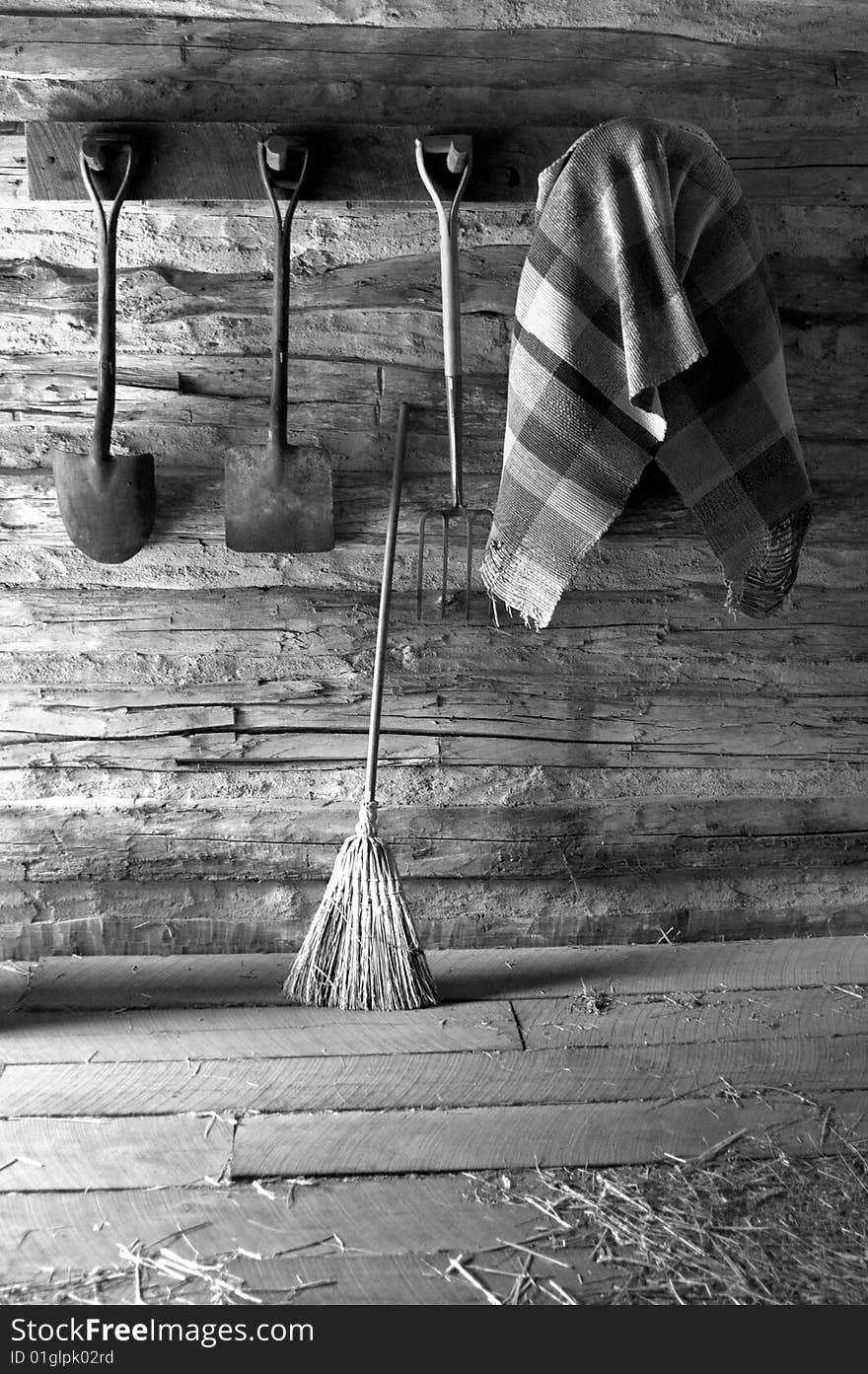 Nostalgic Scene, Broom and Tools in a Barn