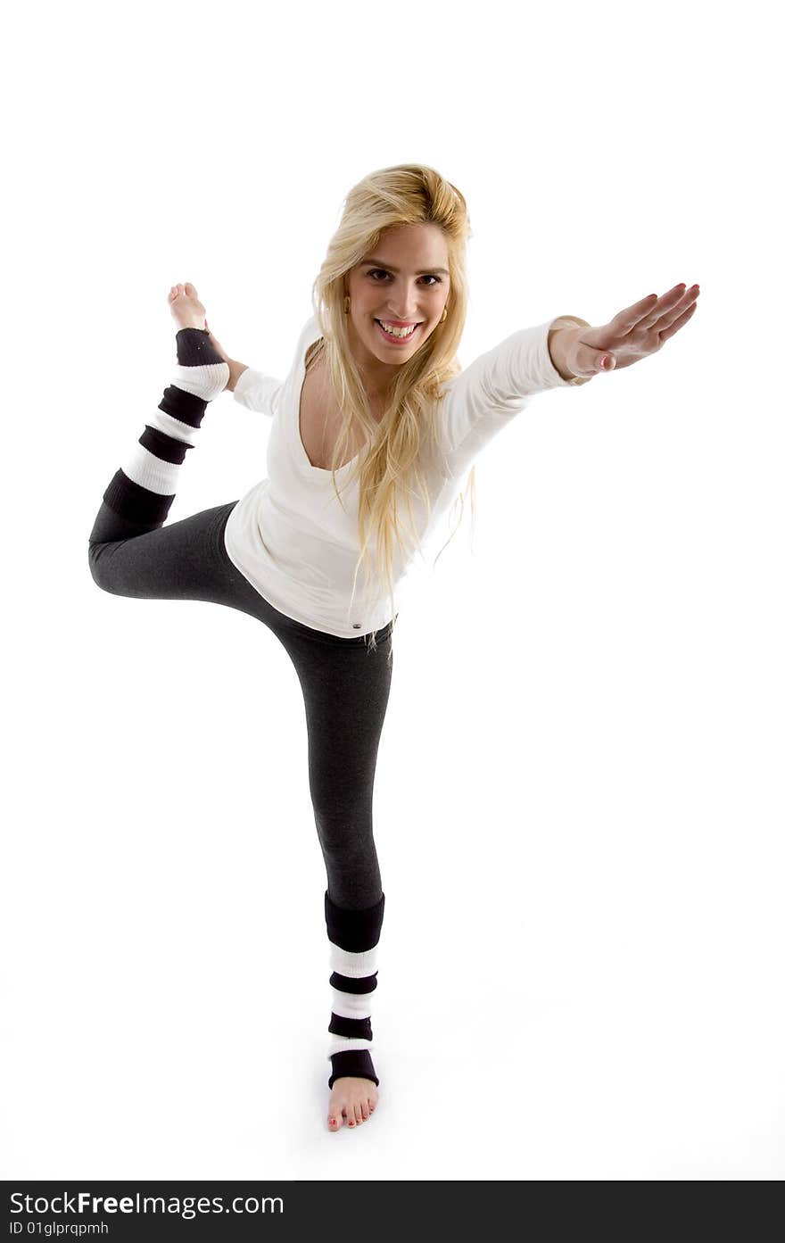 Front view of happy female exercising with  white background