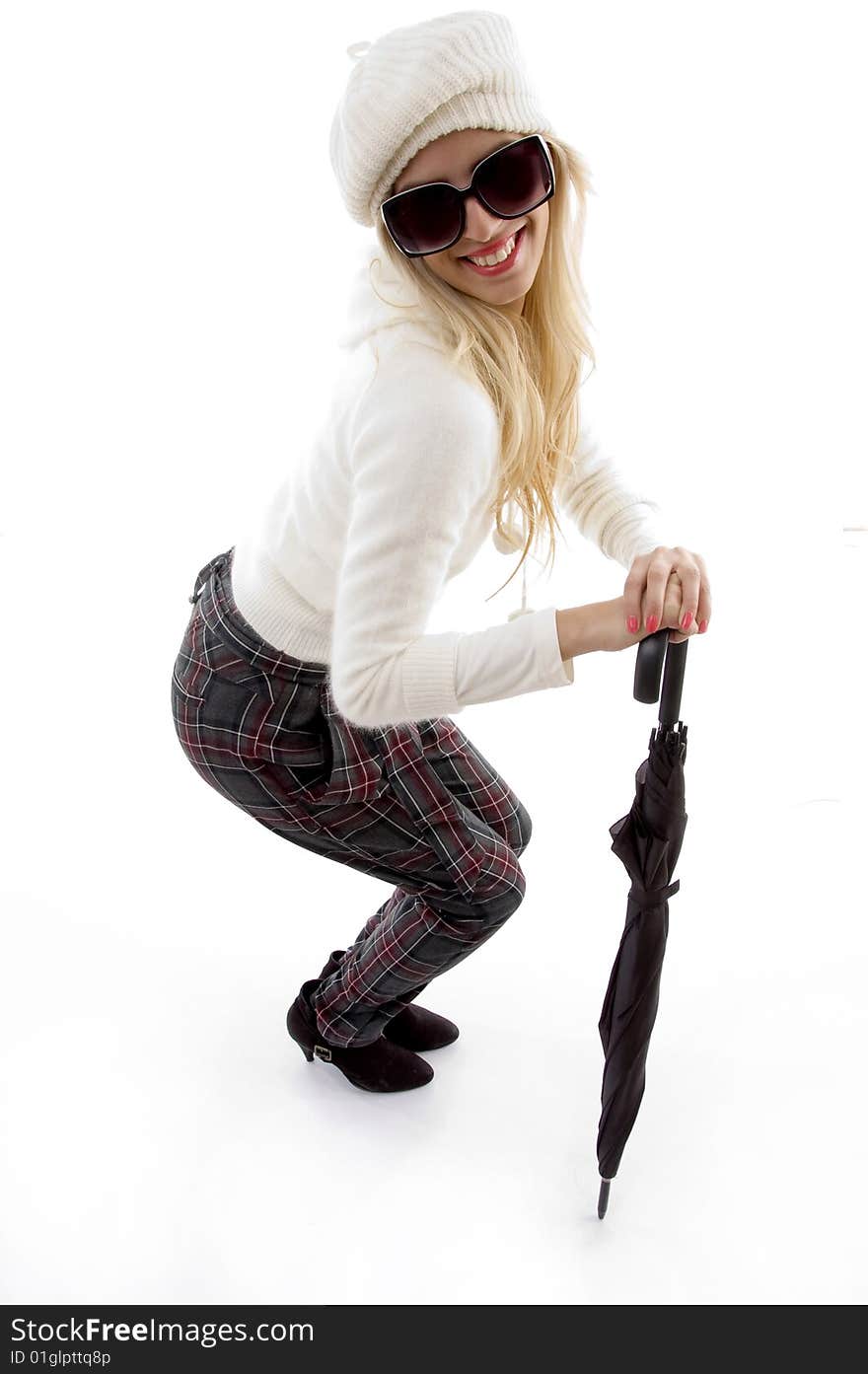 Side View Of Happy Female Holding An Umbrella