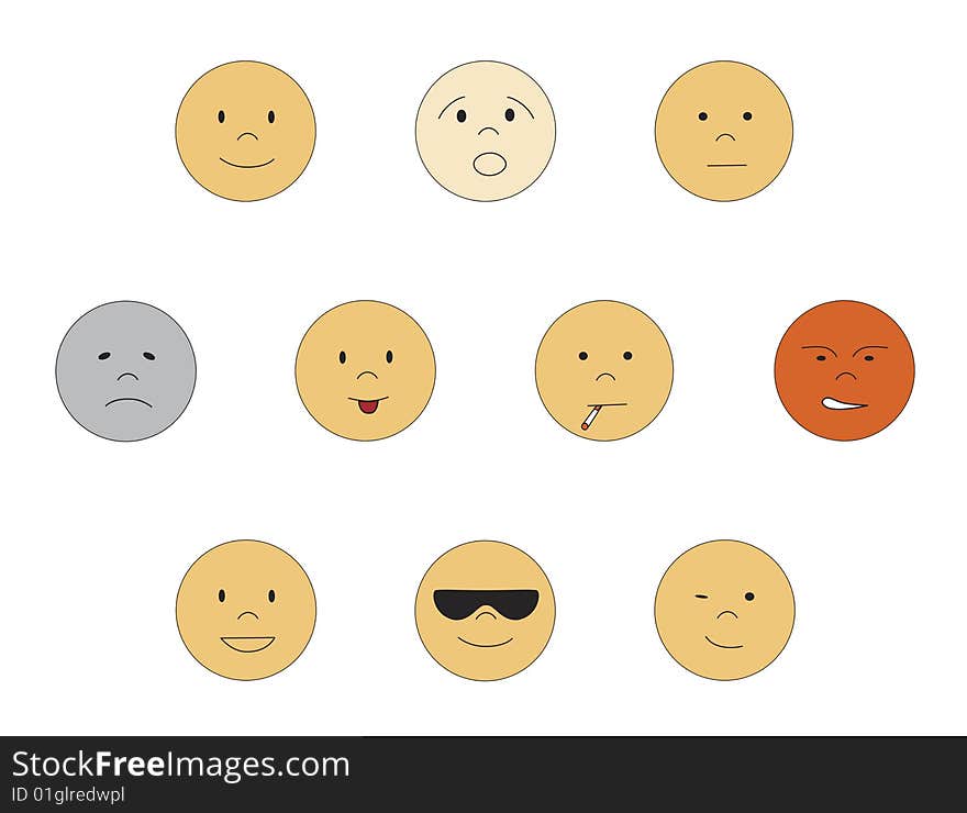 Set of smileys in different emotions, vector illustration.