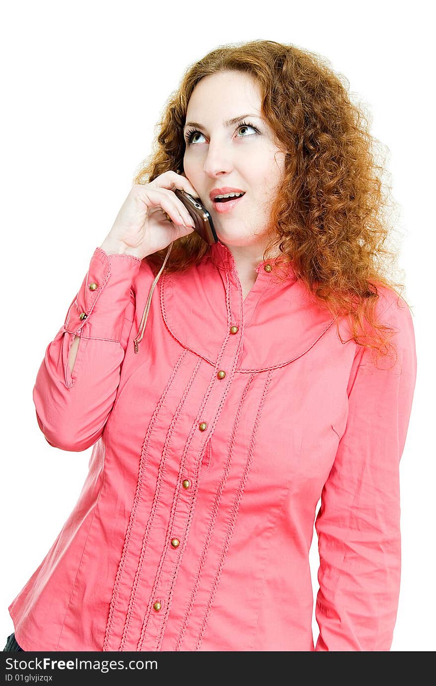 Young pretty woman talks phone on white background