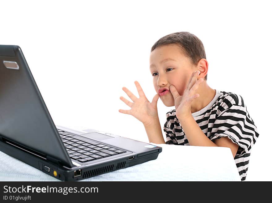 Surprise - boy with notebook isolated on white