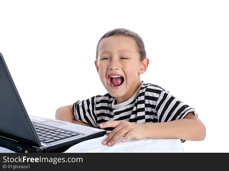 Little boy with notebook isolated on white