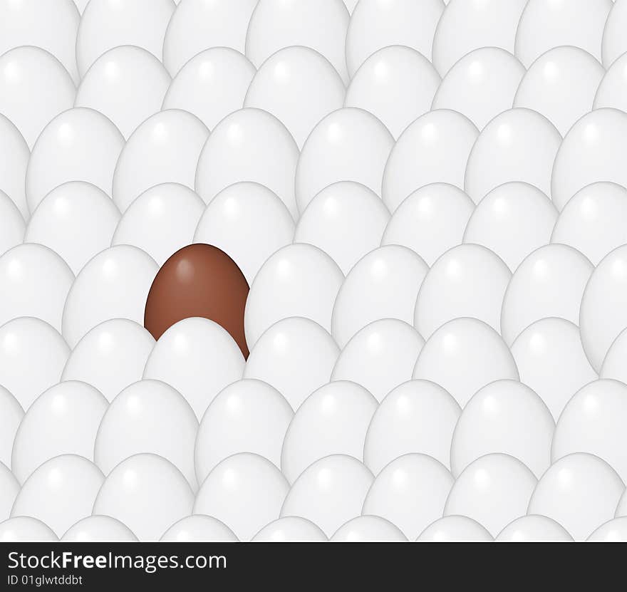 A single chocolate egg among chicken eggs. A single chocolate egg among chicken eggs.