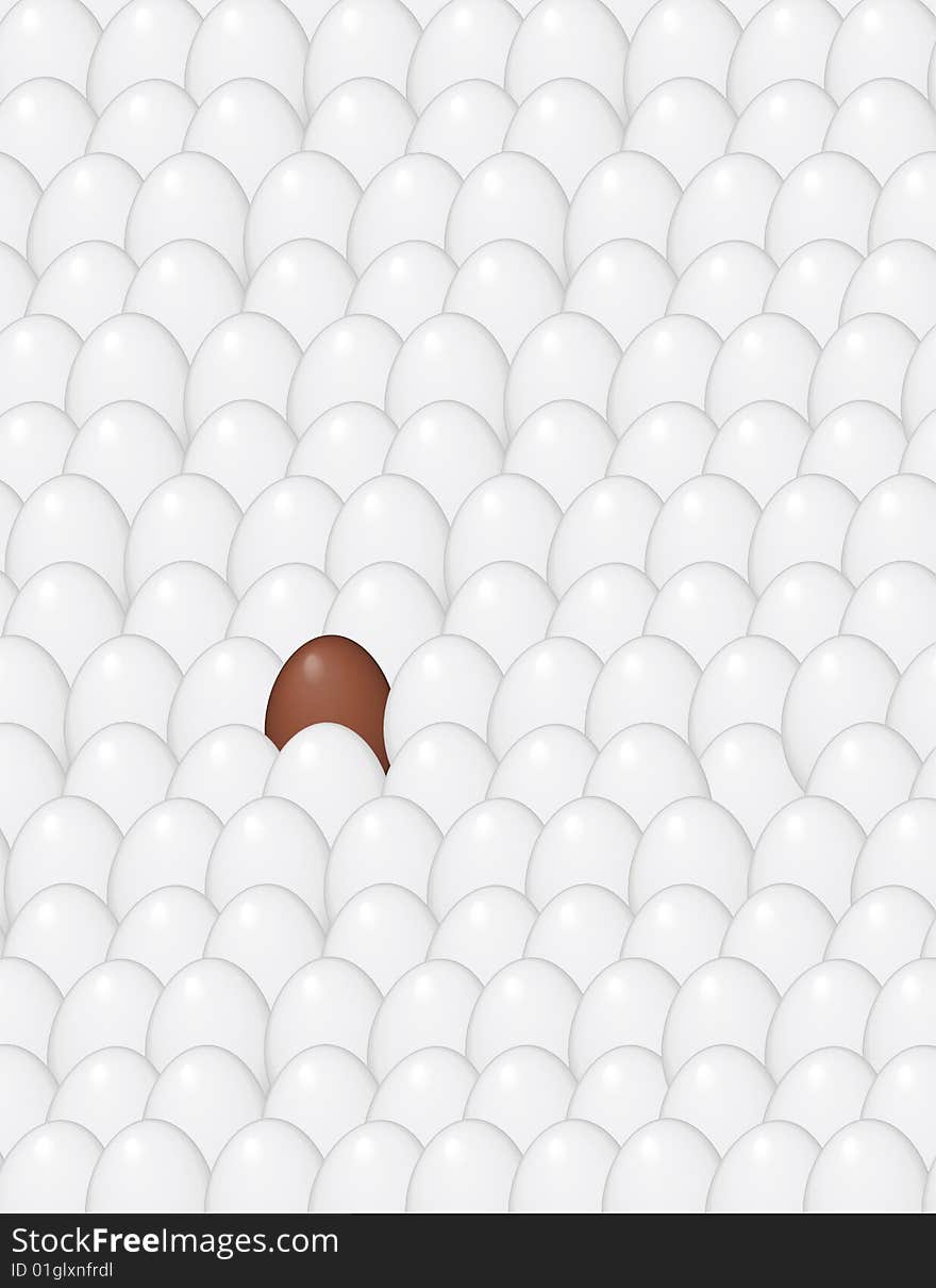 A single chocolate egg among chicken eggs. A single chocolate egg among chicken eggs.