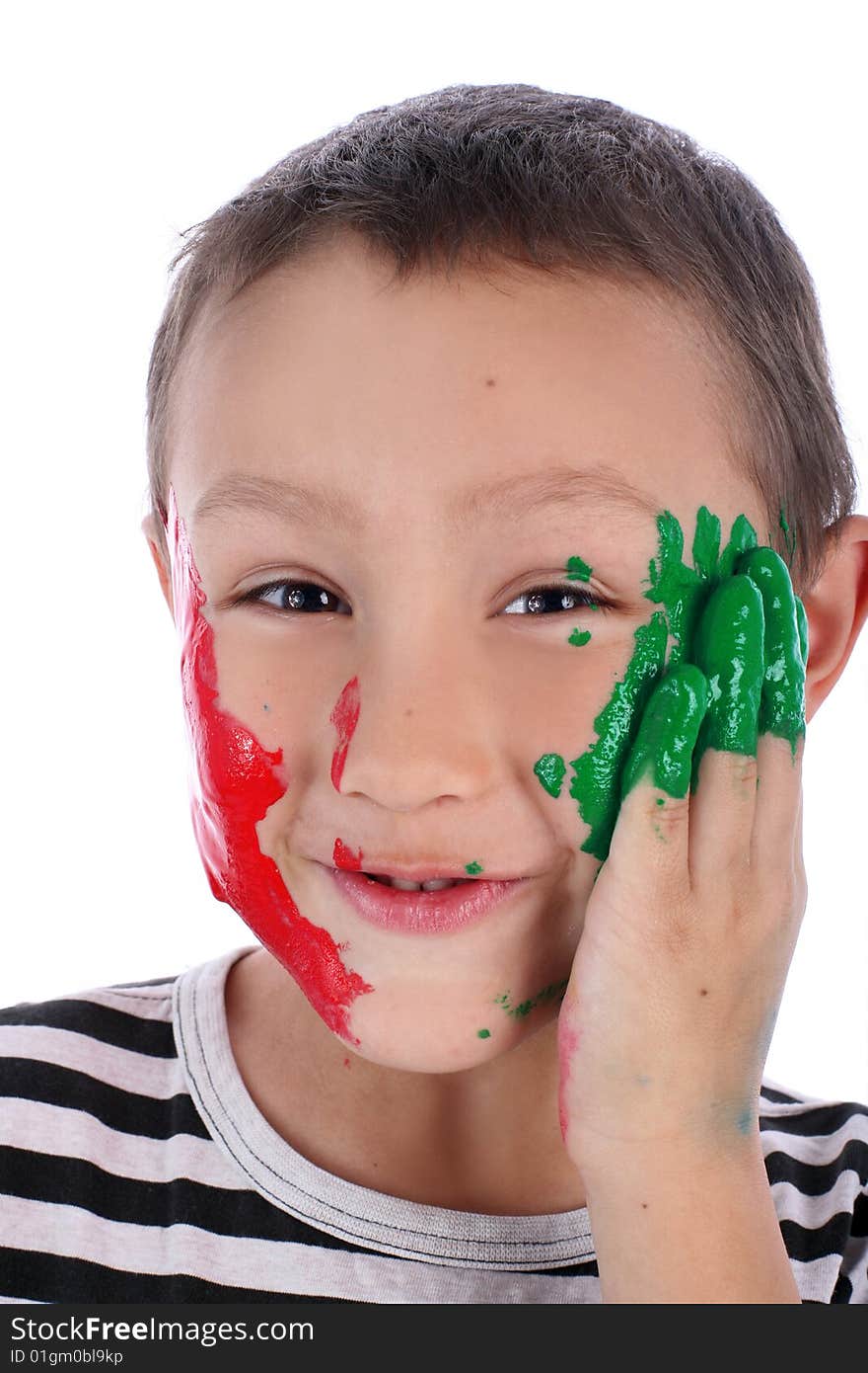 Boy with paint isolated on white
