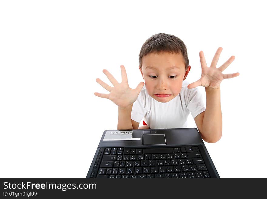 Little boy with notebook isolated on white