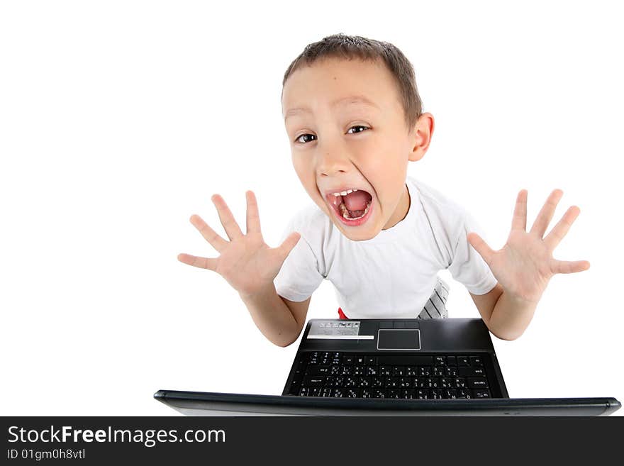 Boy with notebook isolated on white