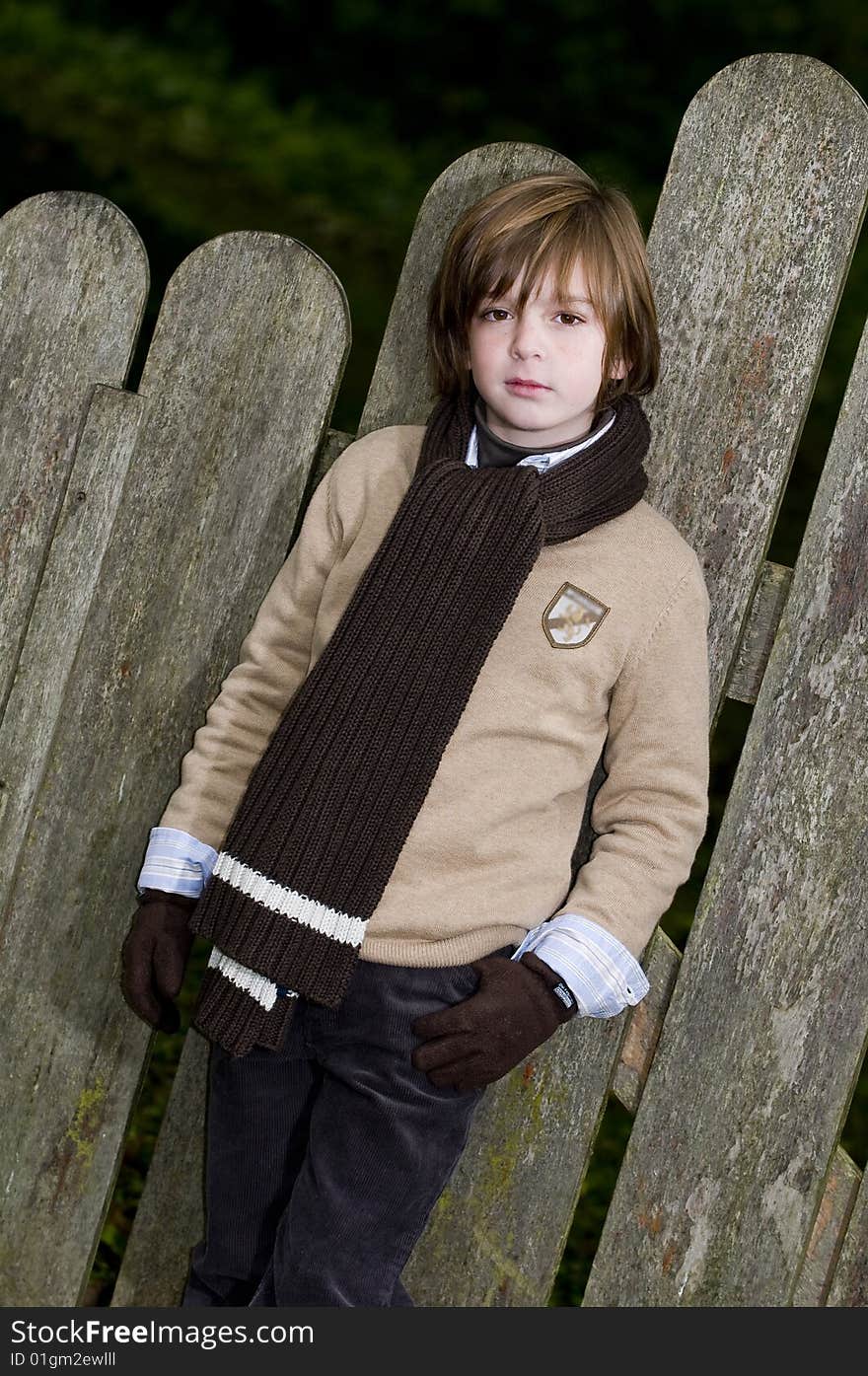 Cute young autumn boy standing near a fence. Cute young autumn boy standing near a fence