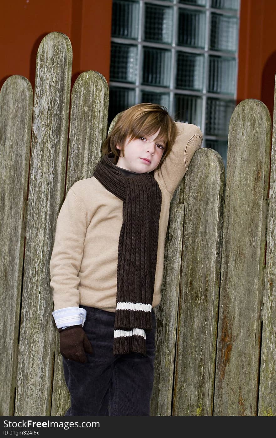 Cute young autumn boy standing near a fence. Cute young autumn boy standing near a fence