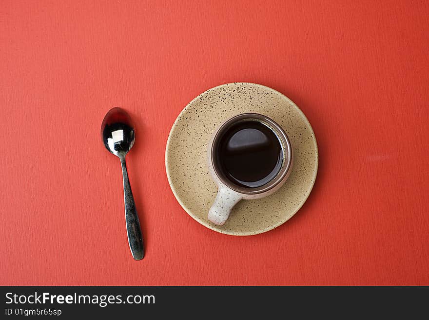 Coffee cup on blue table. Many lot of copyspace