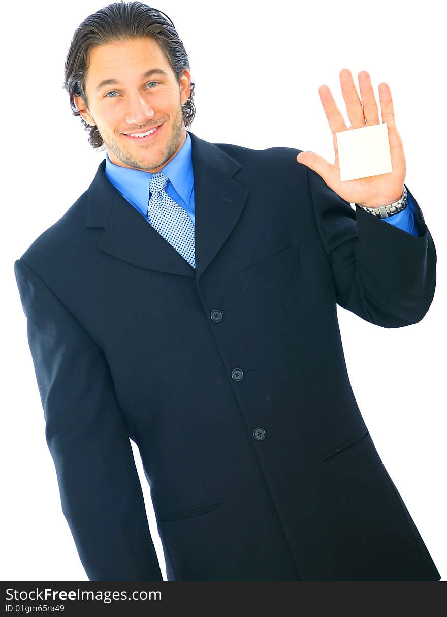 Happy young businessman showing his hand with empty post it note. Happy young businessman showing his hand with empty post it note