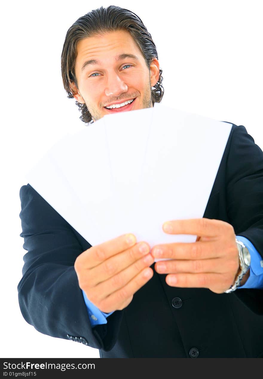 Happy business male showing blank empty card. Happy business male showing blank empty card