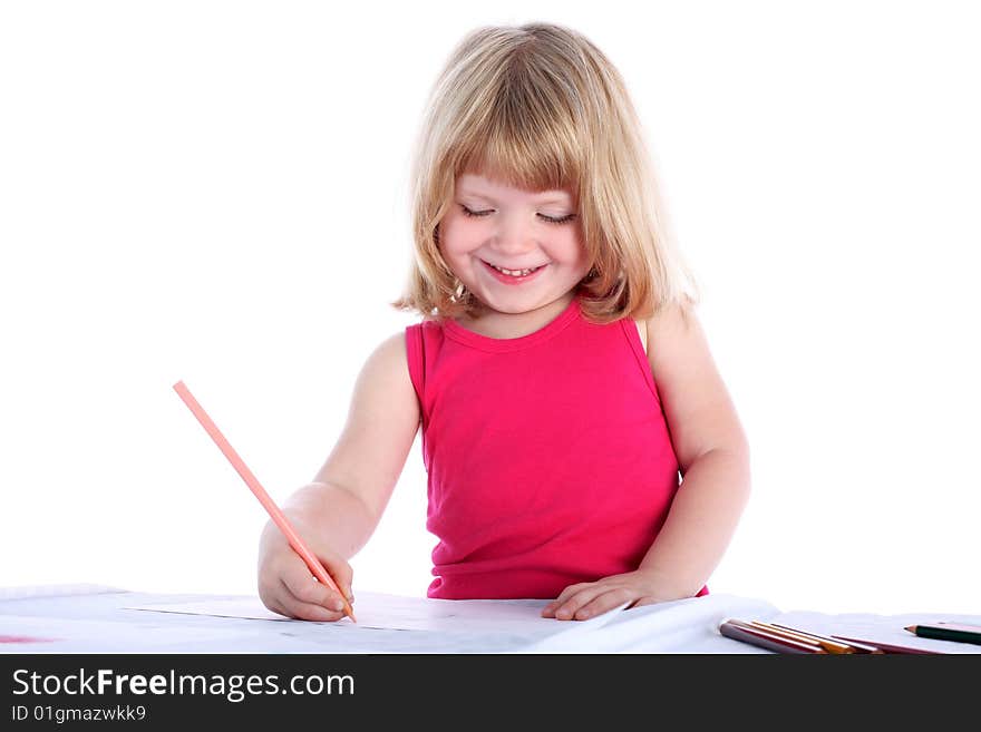Girl drawing a picture isolated on white