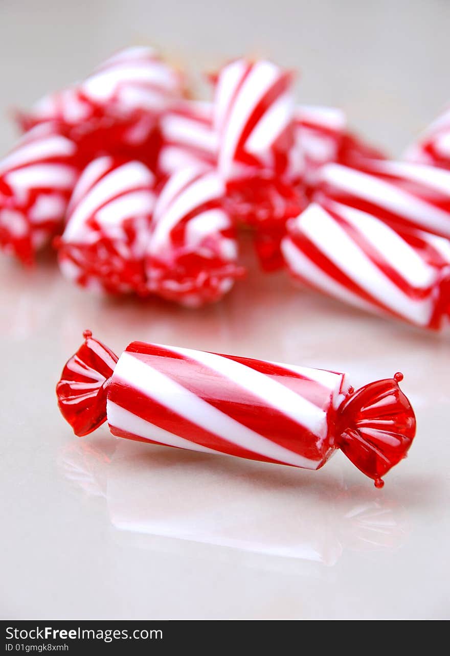 Red and white candy close-up shot