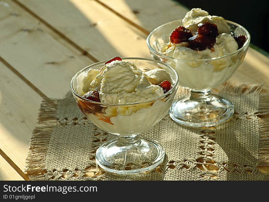 Ice cream on wooden table