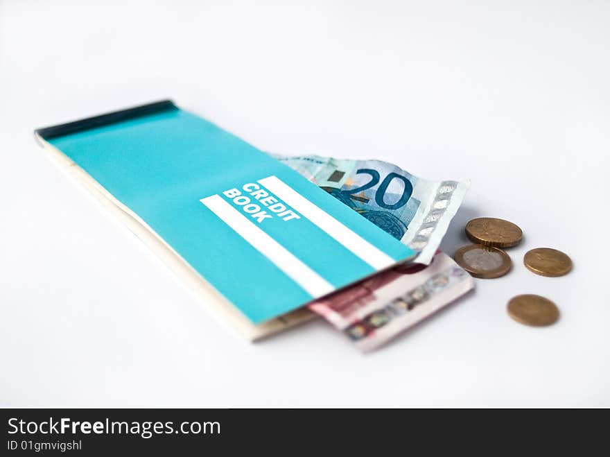 Credit book with euro notes and coins. Credit book with euro notes and coins