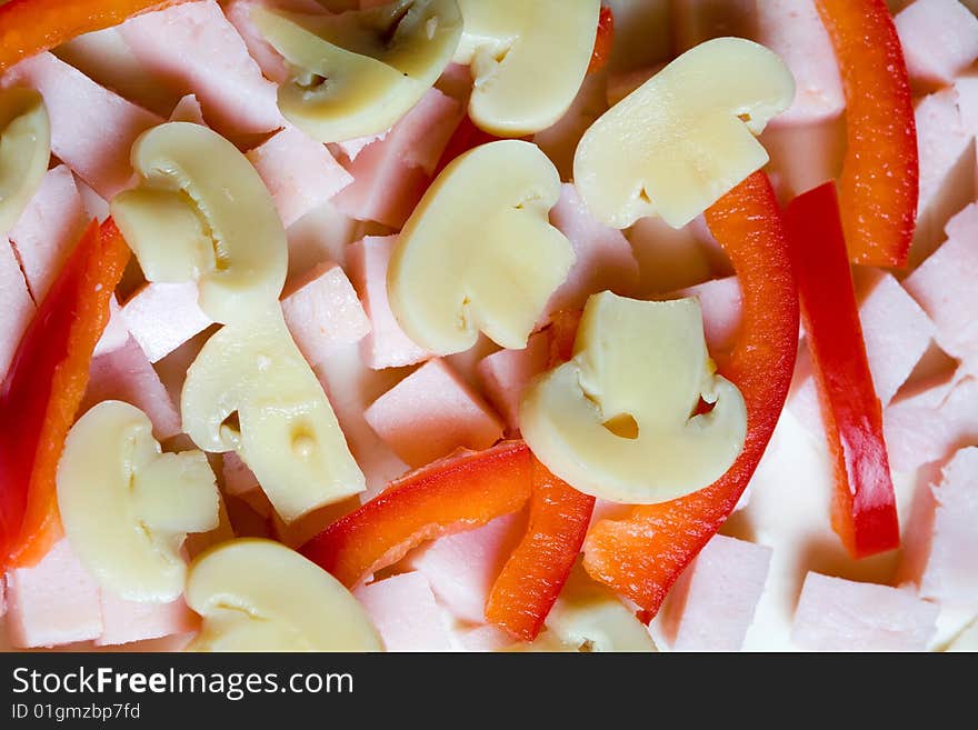 Stock photo: an image of a background of mushrooms, paprika and sausage