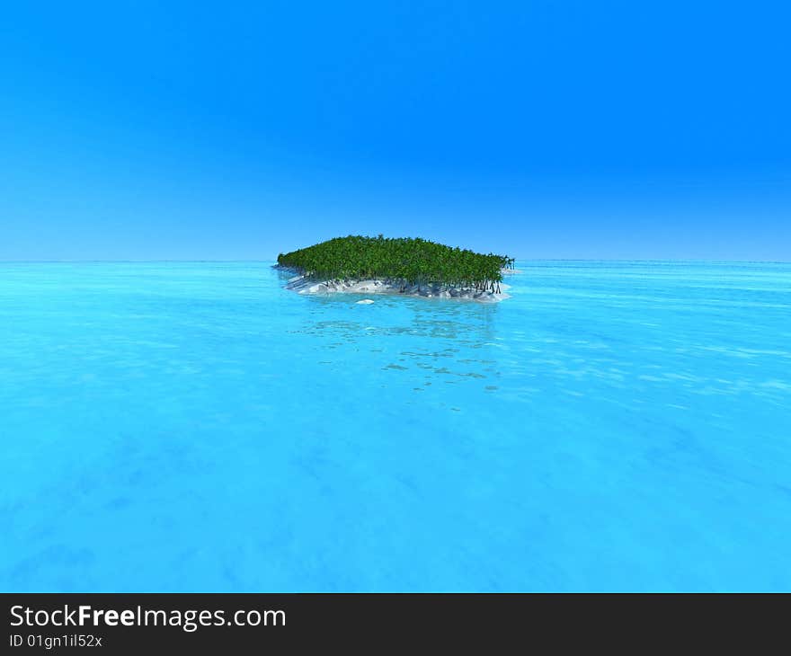 Small island with palm trees placed in the middle of the ocean. Small island with palm trees placed in the middle of the ocean