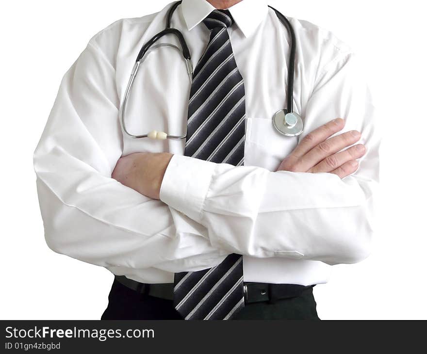 Man doctor with stethoscope close up view