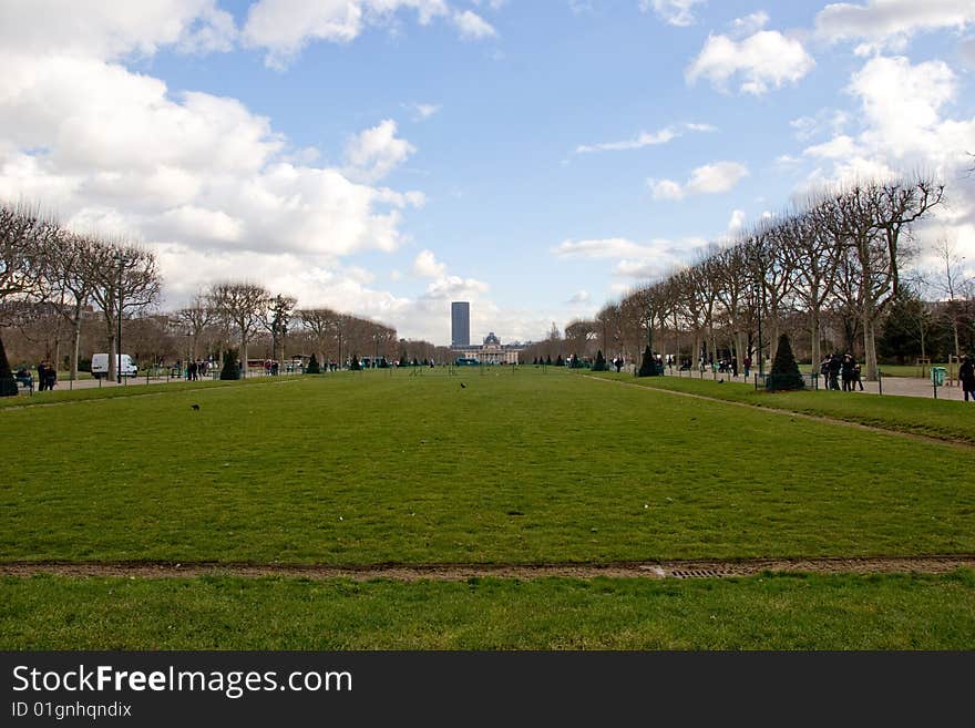 Meadow of green grass from the steps of the eiffel tower. Meadow of green grass from the steps of the eiffel tower