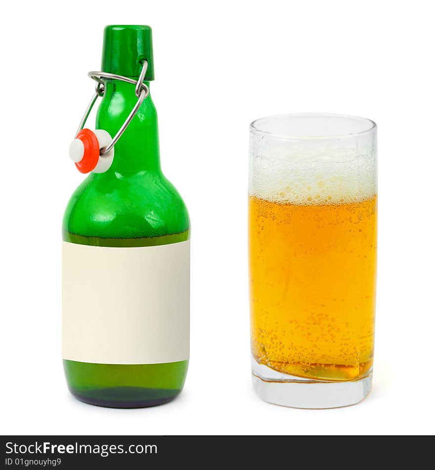 Bottle and glass of beer isolated on white background