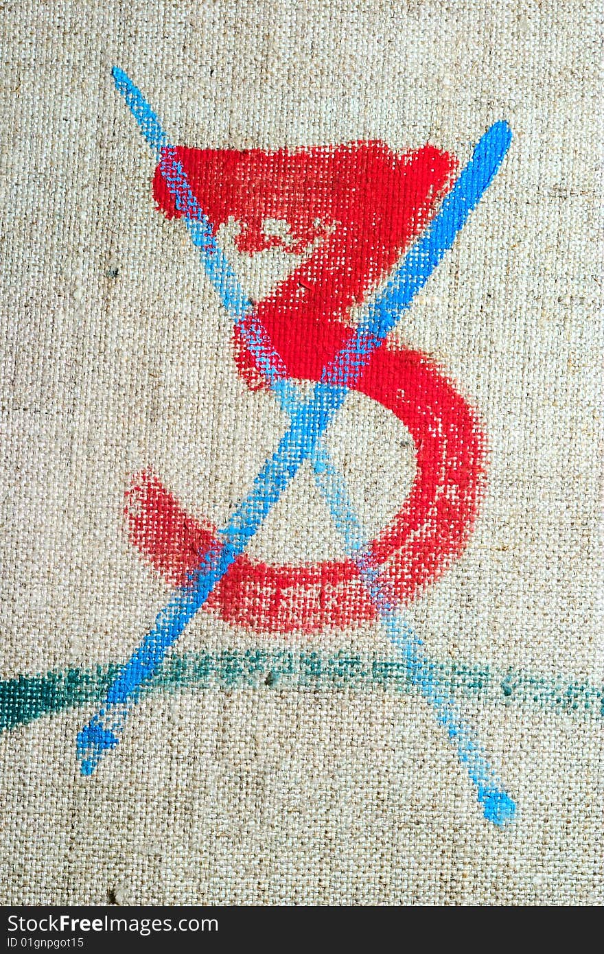 Crossed digit three on canvas (red and blue on rough surface)