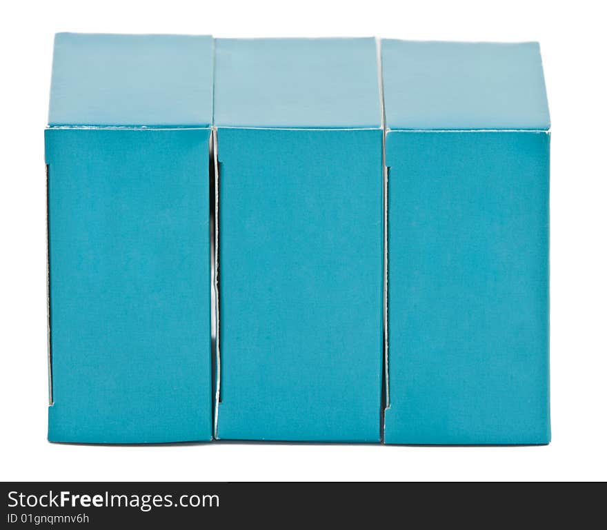 Three blue drug boxes isolated against a white background.