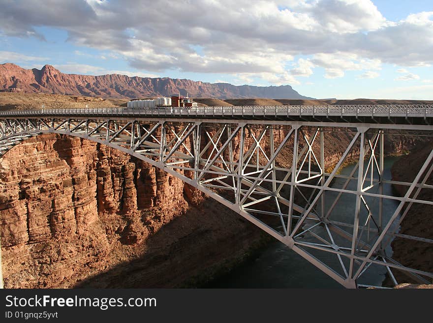 Navajo Bridge over the Colorado River and a truck driving