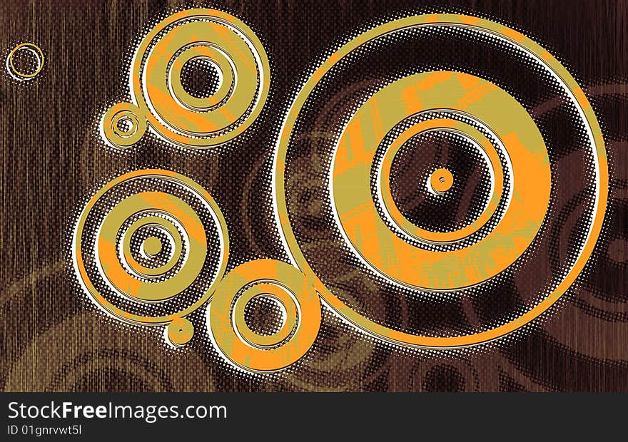 Grunge style Illustration of colored Circles. With Scratches and Dots.